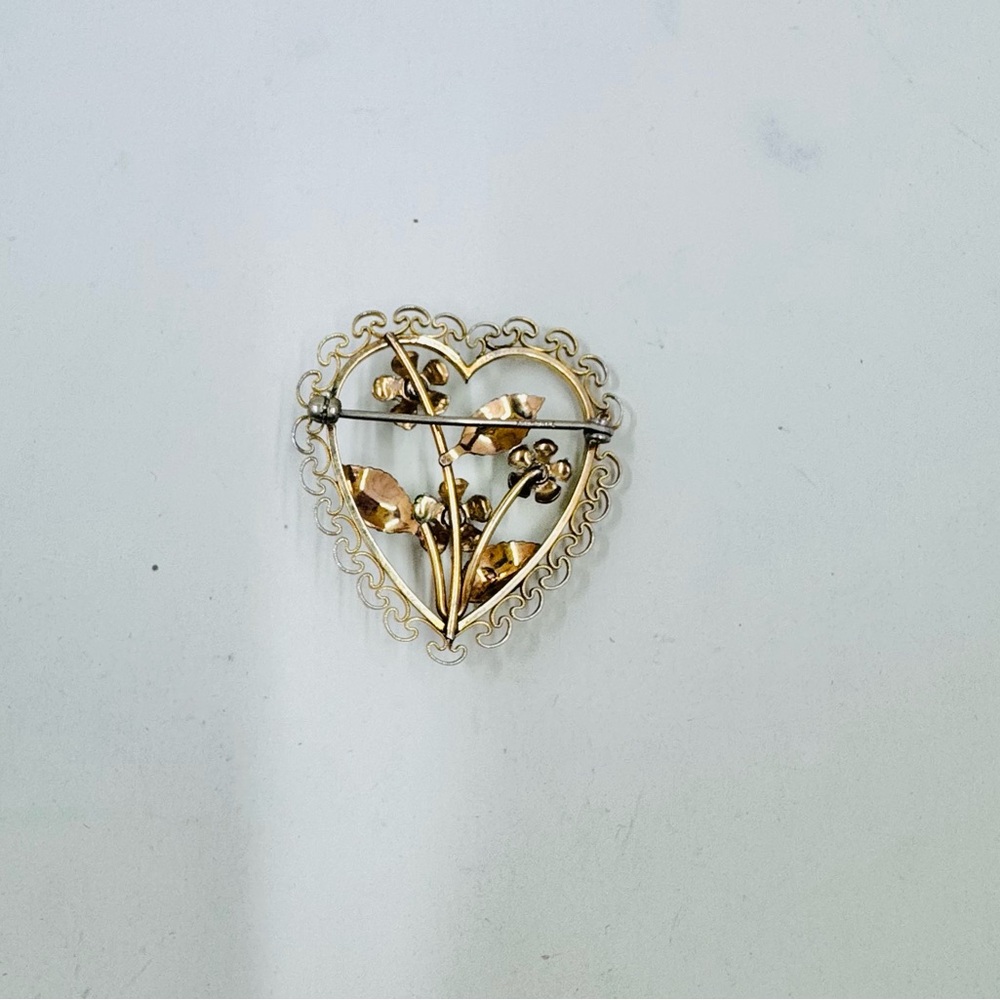 1980's Rare Vintage Krementz Filigree Brooch Gold Heart Brooch with Blue Flowers - Picture 3 of 4